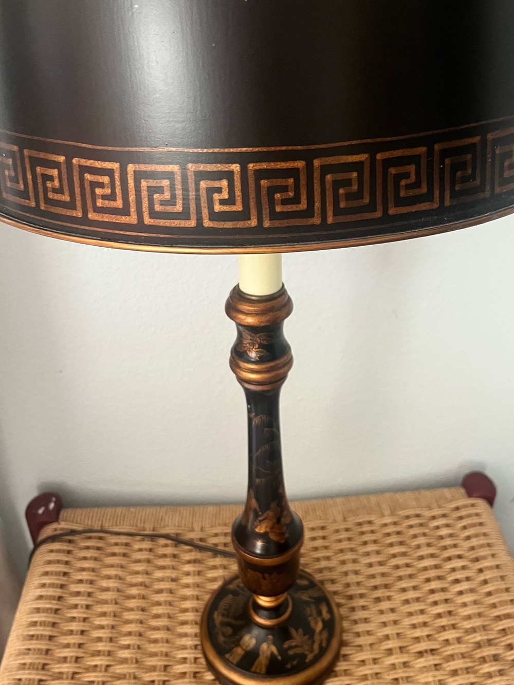 Chinoiserie Black Gold Tole Candlestick Lamp Vintage Hand Painted - Picture 14 of 16